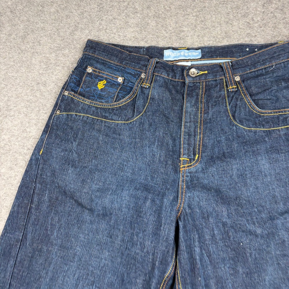 Rocawear Denim Shorts Mens 36 Baggy Y2K Embroidered Dark Wash Hip Hop Streetwear - Picture 4 of 13